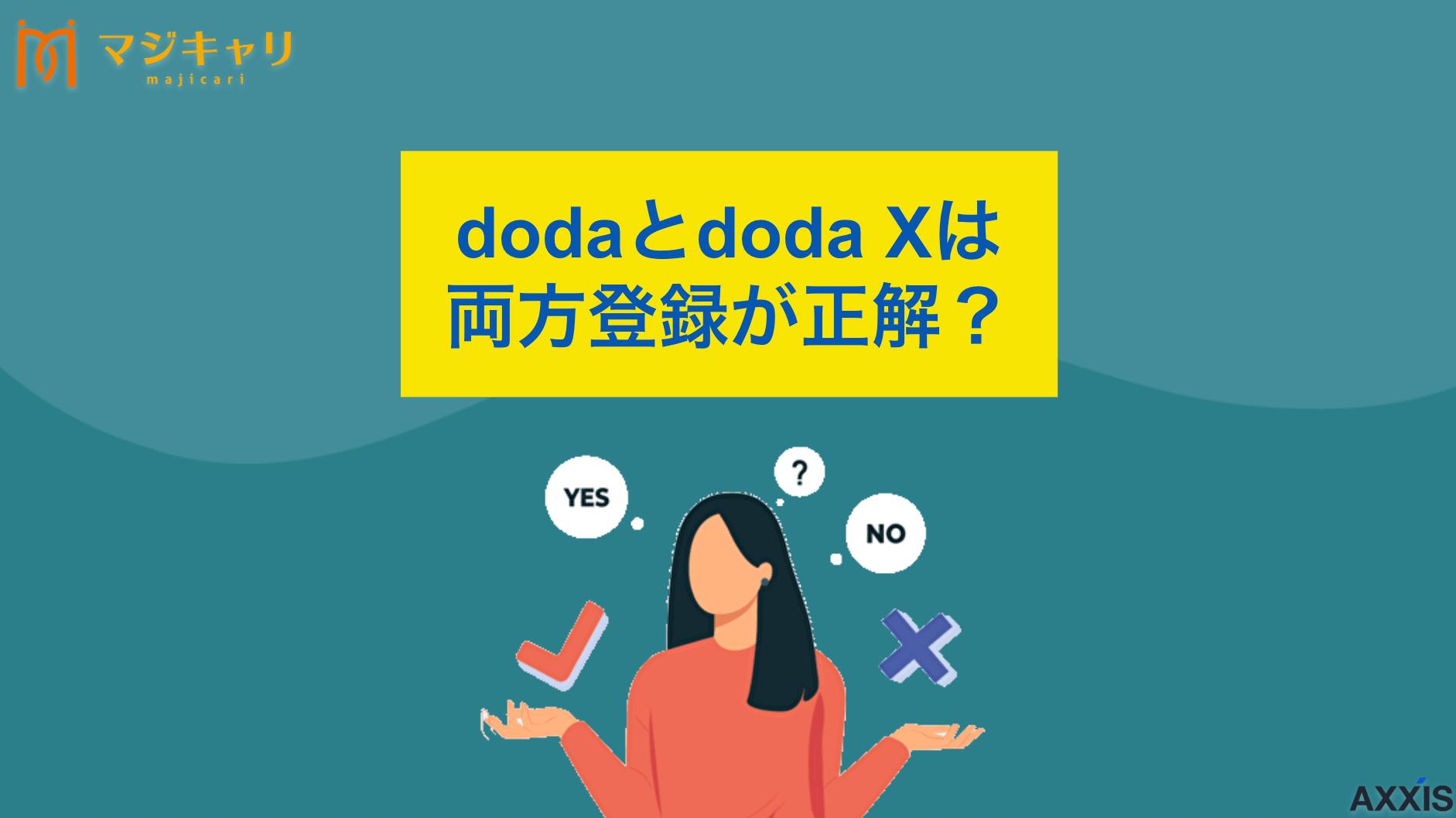 カテゴリー dodaとdoda Xは両方登録が正解？賢い使い分けと効率的な進め方 効率よく転職活動を進めたい人にとって、dodaとdoda Xは両方登録が正解です。この記事では、総合型とハイクラス特化型という両者の違いを比較し、それぞれ向いている人や、効率的に転職活動を進めるための賢い使い分け方も紹介します。